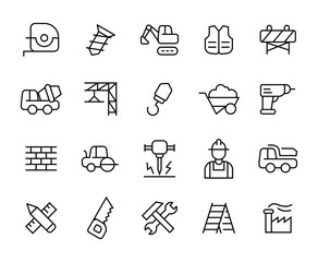 Construction Outline Icon Set Featuring Tools and Equipment, Construction Icon Set