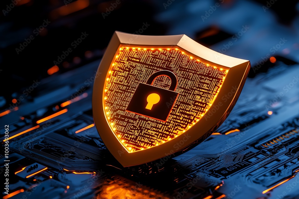 Poster minimalist cybersecurity shield icon, with a simple glowing lock and abstract code lines symbolizing