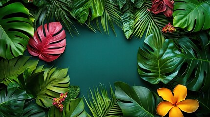 Fototapeta premium Tropical Leaves and Flowers Frame for Design Projects