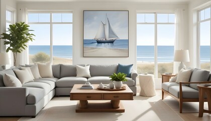 A bright, airy living room with large framed artwork depicting a serene beach scene with a sailboat in the distance. The room features white walls.