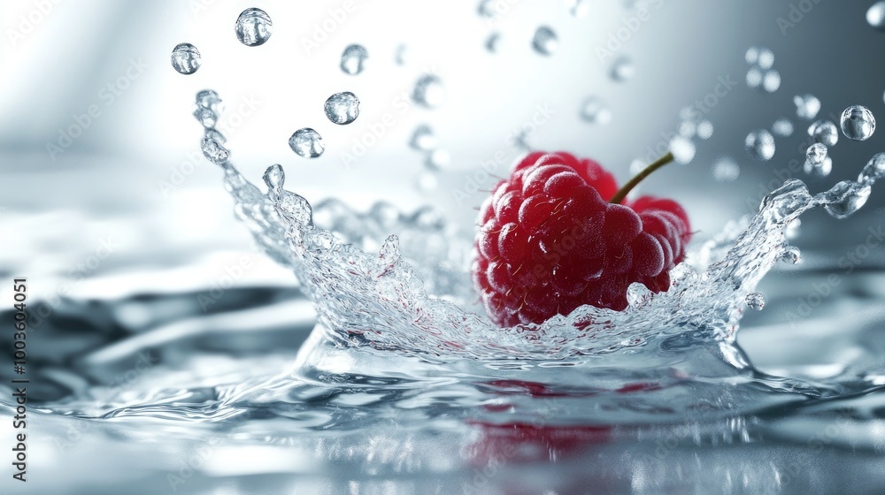 Aufkleber dynamic water splash surrounding a falling raspberry, with suspended droplets and ripples adding a f