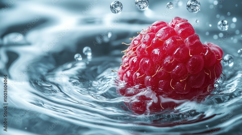 Poster dynamic water splash surrounding a falling raspberry, with suspended droplets and ripples adding a f