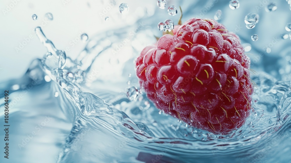 Poster dynamic water splash surrounding a falling raspberry, with suspended droplets and ripples adding a f
