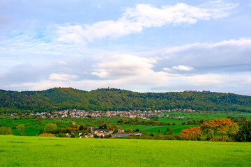 Naklejka premium Paysage rural, village au pied d'une montagne (Alsace, France)