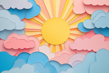 Papercut Design with Layered Clouds and Sunrays Creating a Dreamy Sky Effect