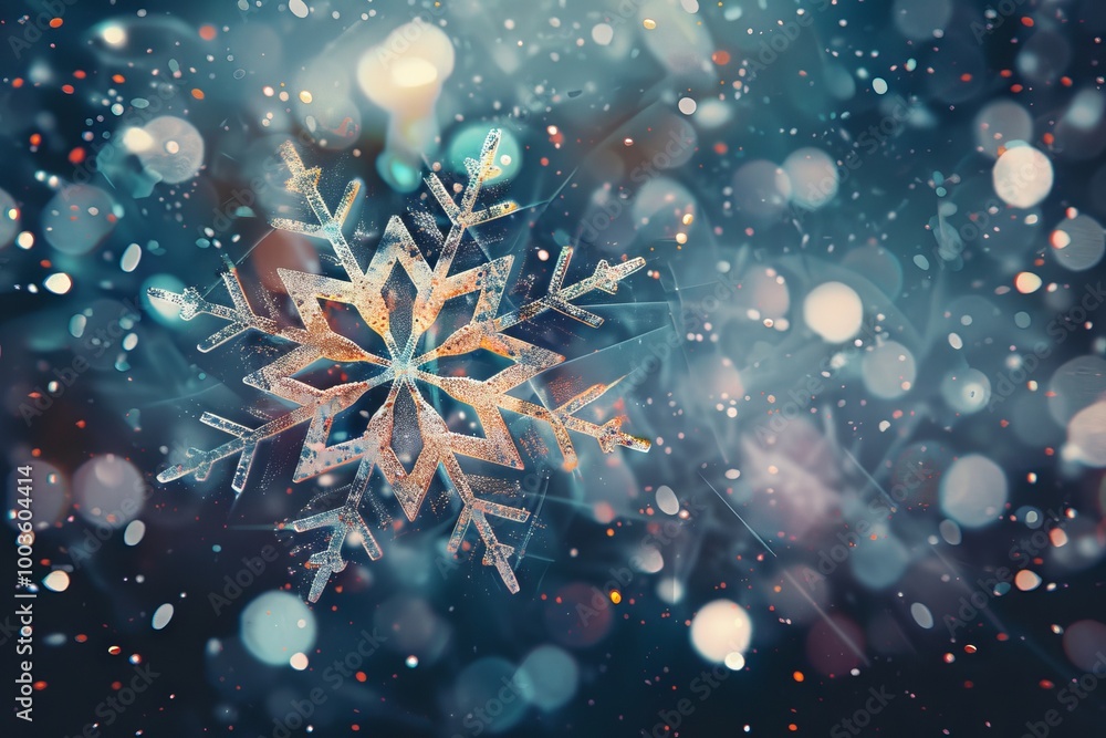 Poster a snowflake is the main focus of the image, surrounded by a blurry background. the snowflake is the 