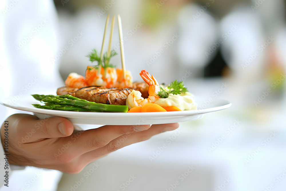 Wall mural a close-up shot of a waiter's hand holding a plate of grilled steak, shrimp, asparagus, and mashed p