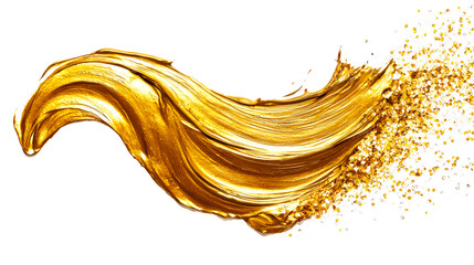A golden shining textured brush stroke on a white background. A luxurious element for the design. A stroke with a gold brush with a touch of gold acrylic paint. Hand-drawn
