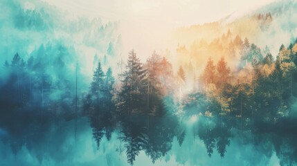 Obraz premium A forest with trees and a lake