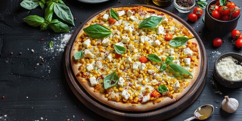 Vegetarian Corn Pizza Topped with Mozzarella Cheese