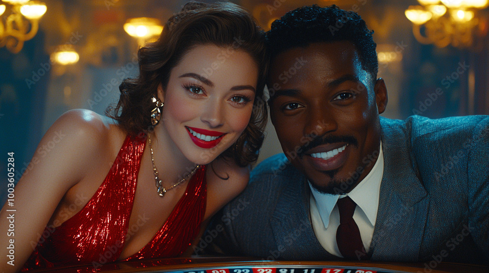 Wall mural a glamorous couple smiles together at a casino, showcasing elegance and excitement in a vibrant nigh