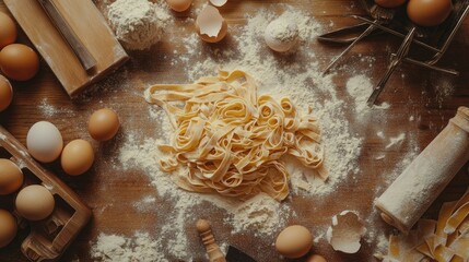 Flour-dusted table with freshly made Italian pasta, surrounded by rolling pins, eggs, and kitchen tools.