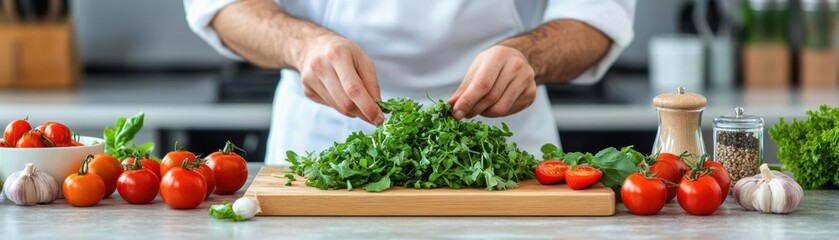 Chef preparing fresh salad ingredients on a wooden board in a modern kitchen with vibrant vegetables and herbs.
