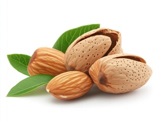 Set of almond nuts and cracked almonds isolated on white background