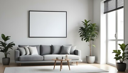 A minimalist living room with a large blank frame on the wall, a gray sofa, and a potted plant.