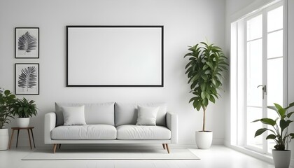 Fototapeta premium A minimalist living room with a large blank frame on the wall, a gray sofa, and a potted plant.
