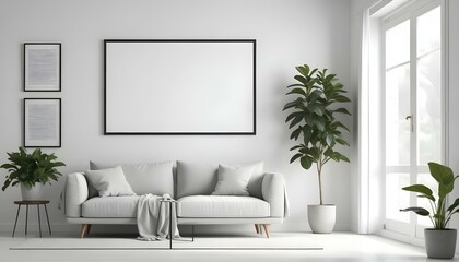 A minimalist living room with a large blank frame on the wall, a gray sofa, and a potted plant.