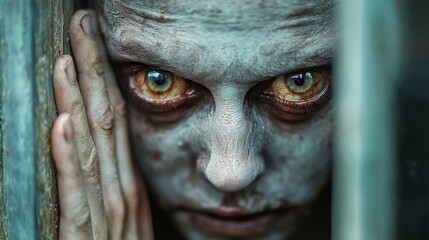 A ghostly face pressed against a window, its hollow eyes staring in with an expression of silent despair