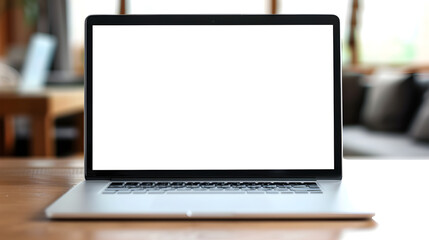 "Empty laptop screen on desk, ready for work, surrounded by office supplies and books."