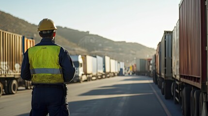 Fototapeta premium A Security Officer Standing in Front of a Line of Semi-Trucks