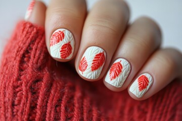 Close-up of elegant leaf pattern nail art design