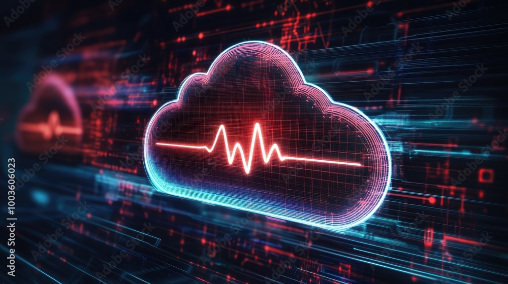 Poster futuristic cloud icon with heartbeat lines on a digital tech background, symbolizing cloud-based hea