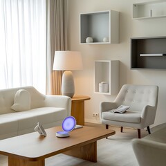 A bright living room with voice-activated gadgets and smart lighting.