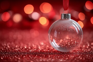 transparent glass Christmas bauble hanging on a red ribbon with space for text on a bokeh background