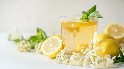 Glass of elderflower and lemon tea on a white background with copy space, surrounded by fresh ingredients.