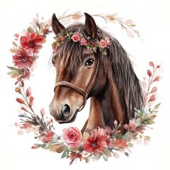 Horse head with floral crown on white isolated background