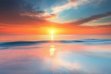 Fototapeta premium Peaceful Sunrise Over a Calm Sea with the Sun Rising Gently on the Horizon