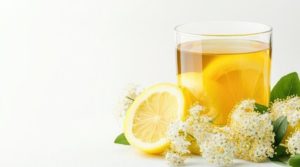 Fototapeta premium Glass of elderflower and lemon tea with fresh slices and flowers, set on a clean white background with space for text.