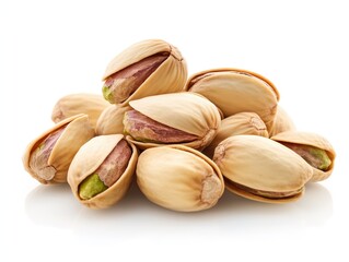 The pistachios are lying on a white surface. Peeled kernels of nuts. Unpeeled kernels of nuts. Pistachios isolated on white background.
