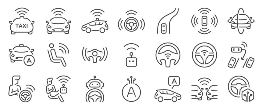 Autonomous car icon set. It included robot taxi, autopilot , auto drive, vehicle, auto-detect, and more icons. Editable Vector Stroke.
