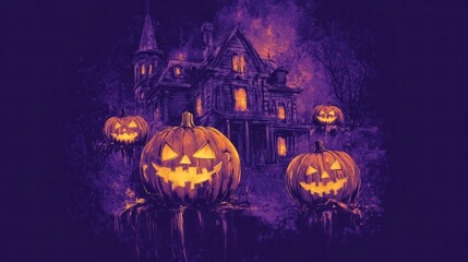 Graphic t-shirt design style halloween haunted house. Pumpkin heads. Purple background
