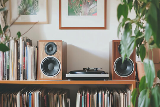 Compact Bookshelf Speaker System Paired with a Turntable for a Modern Audio Experience