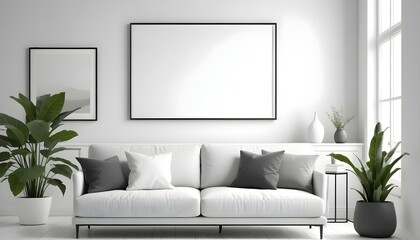 A modern living room with a gray sofa, white throw pillows, and a large blank white frame on the wall.