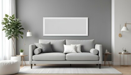 A modern living room with a gray sofa, white throw pillows, and a large blank white frame on the wall.