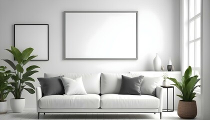 A modern living room with a gray sofa, white throw pillows, and a large blank white frame on the wall.