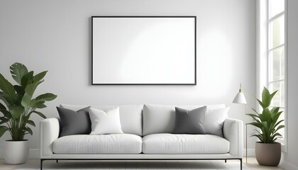 A modern living room with a gray sofa, white throw pillows, and a large blank white frame on the wall.