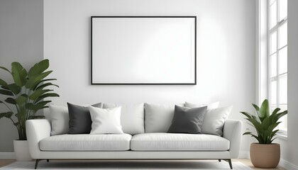 A modern living room with a gray sofa, white throw pillows, and a large blank white frame on the wall.