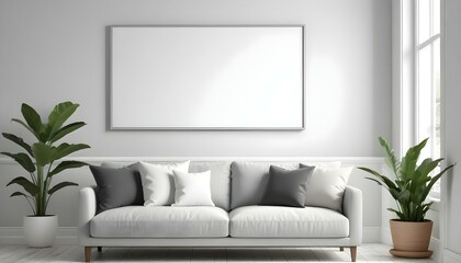 A modern living room with a gray sofa, white throw pillows, and a large blank white frame on the wall.