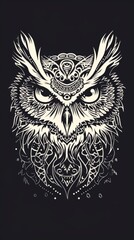 Obraz premium Owl head with ornate tribal patterns in a flat lay perspective.