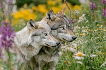 Obraz premium Two majestic wolves stand side by side in a colorful flower field. This tranquil scene captures the beauty of nature and wildlife. A perfect fit for animal lovers. Generative AI