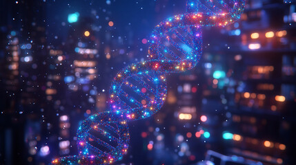 A vibrant digital representation of DNA strands illuminated in a colorful cityscape background, symbolizing genetic science and innovation.