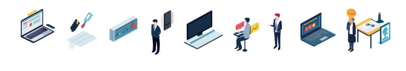 Isometric vector illustrations featuring a comprehensive business icon collection.