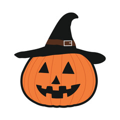 Printillustration of halloween pumpkin jack o lantern with magic hat cute simple icon