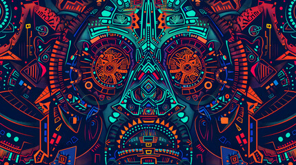 Abstract Geometric Illustration with Neon Colors and Dark Background