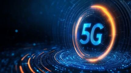5G technology concept with glowing circular elements on a dark background.