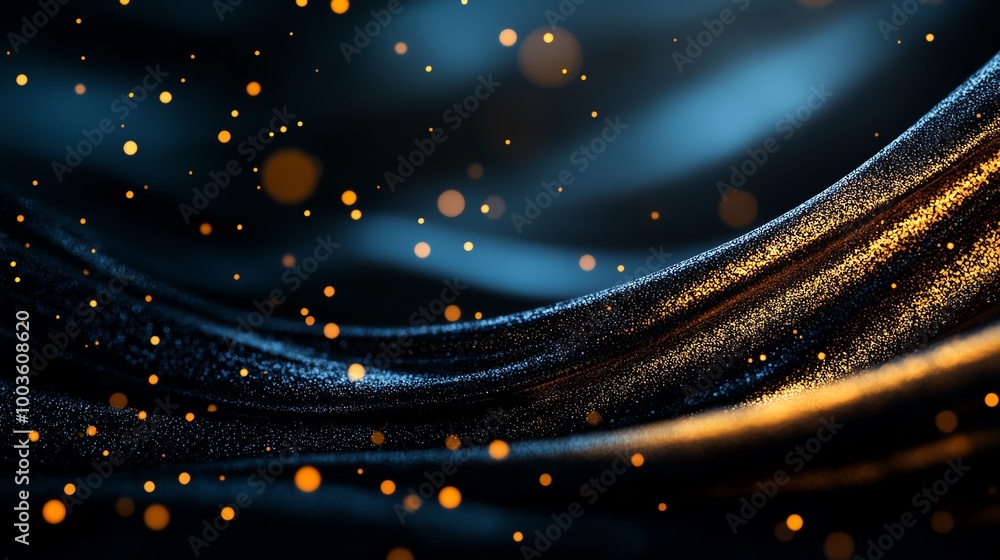 Poster abstract shimmering waves with golden sparkles on a dark background.